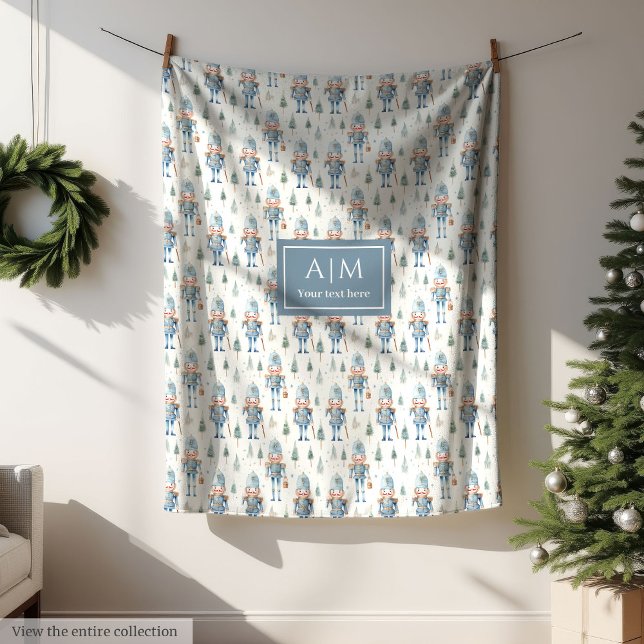 Anpassningsbar för blå julnötskal i sötvatten fleecefilt (Cute watercolor blue Christmas nutcrackers custom Fleece Blanket)