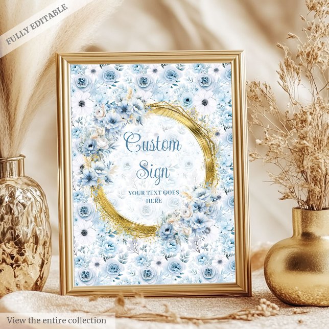 Anpassningsbar för blåa blommor guld boho poster (Precious pastel blue flowers gold boho custom sign)