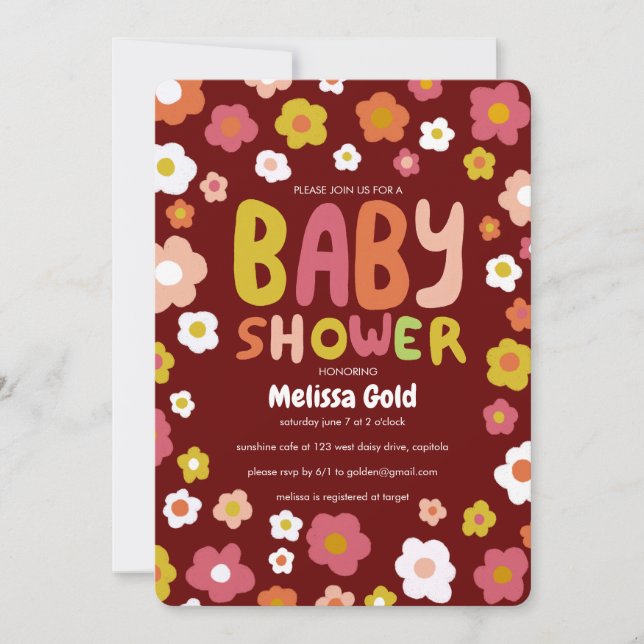 Anpassningsbar för Blommigt av BABY SHOWER Groovy  Inbjudningar (Framsida)