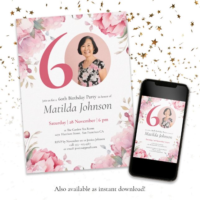 Anpassningsbar för Blommigt av vattenfärg Rosa Fot Inbjudningar (60th Birthday Watercolor Pink Floral Custom Photo Invitation)
