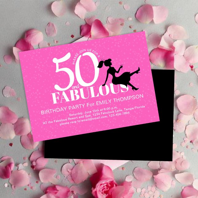 Anpassningsbar för Chic i rosa 50:e Födelsedagsfes Inbjudningar (50th Birthday party hot pink and black invitations. )