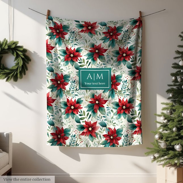 Anpassningsbar för djup röd poinsettia pastel-grön fleecefilt (Watercolor deep red poinsettia pastel green custom fleece blanket)