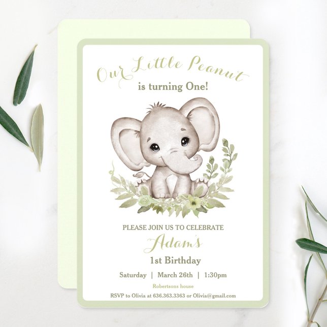 Anpassningsbar för elfte födelsedagarns pojkinbjud inbjudningar (Elephant 1st Birthday Boy Invitation Custom Age)