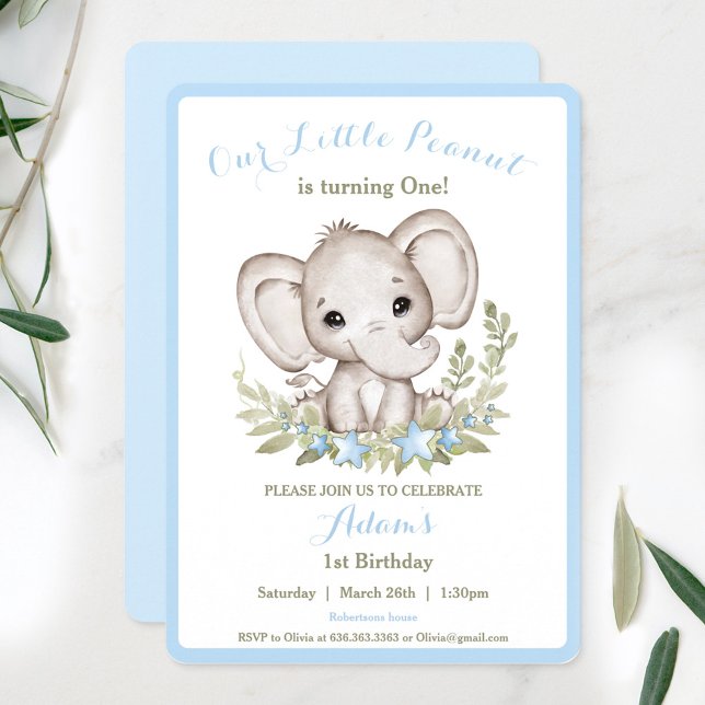 Anpassningsbar för elfte födelsedagarns pojkinbjud inbjudningar (Elephant 1st Birthday Boy Invitation Custom Age)