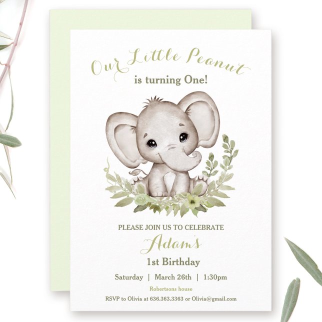 Anpassningsbar för elfte födelsedagarns pojkinbjud inbjudningar (Elephant 1st Birthday Boy Invitation Custom Age)