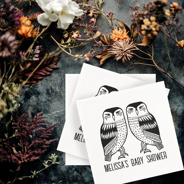 Anpassningsbar för enkel Chic med dubbla Ugglor Pappersservett (Twin Owls Cute Simple Chic CUSTOM baby Shower Birthday CUSTOM NAME Party Napkins
)