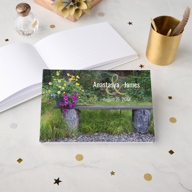 Anpassningsbar för färgämnen Rustic Bench Bröllops Gästböcker (Framsida öppen)