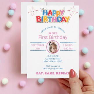 Anpassningsbar för färgämnet Cute First Birthday P Inbjudningar