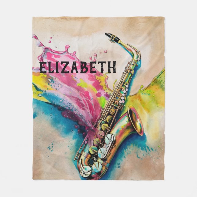 Anpassningsbar för färgen Watercolor Saxophone Stä Fleecefilt (Framsidan)