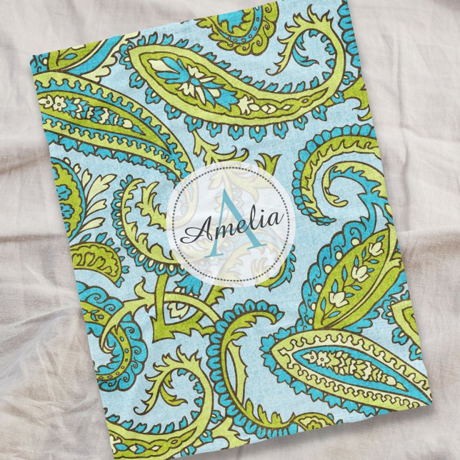 Anpassningsbar för färgstark monogram Paisley Blue Fleecefilt (Skapare uppladdad)