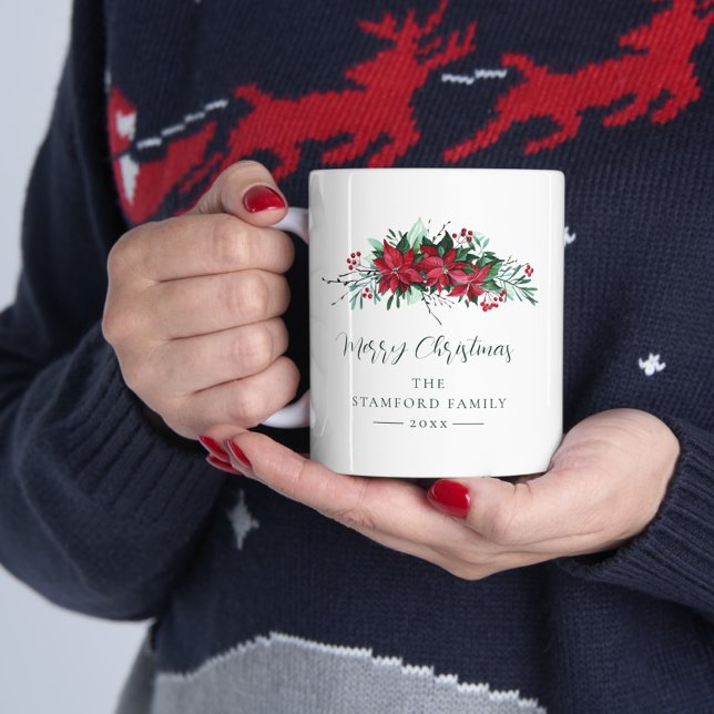 Anpassningsbar för Festive Family Poinsettia jul-H Kaffemugg (Poinsettia Floral Christmas White 11oz Coffee Mug)