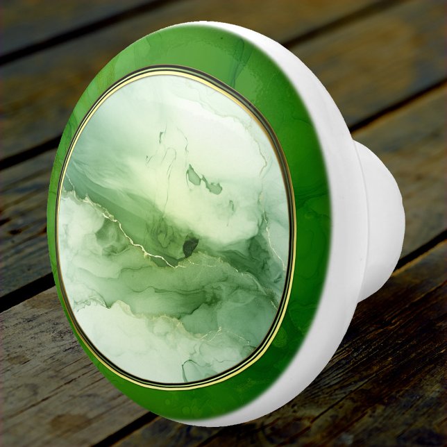 Anpassningsbar för grönt Guld Abstrakt  Foto Knopp (Ceramic knob featuring an abstract green design with the option to add your own photo in the center)