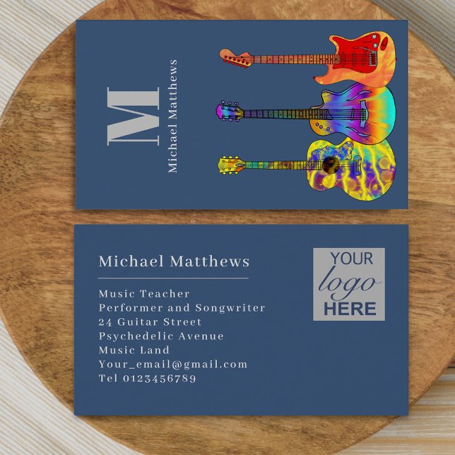Anpassningsbar för Guitar Music Teacher Logotyp Te Visitkort (Modern guitar music tutor professional musician logo blue Business card. Colorful guitar art)