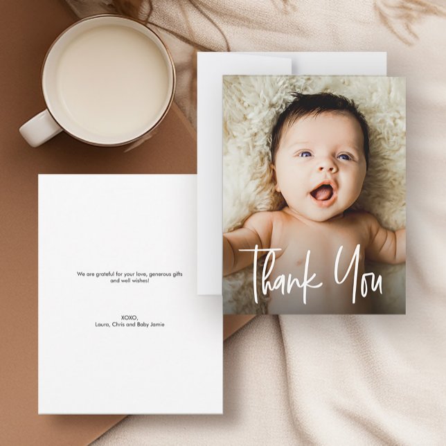 Anpassningsbar för handskriftsfoto för modern baby tack kort (Small baby shower thank you photo card.)