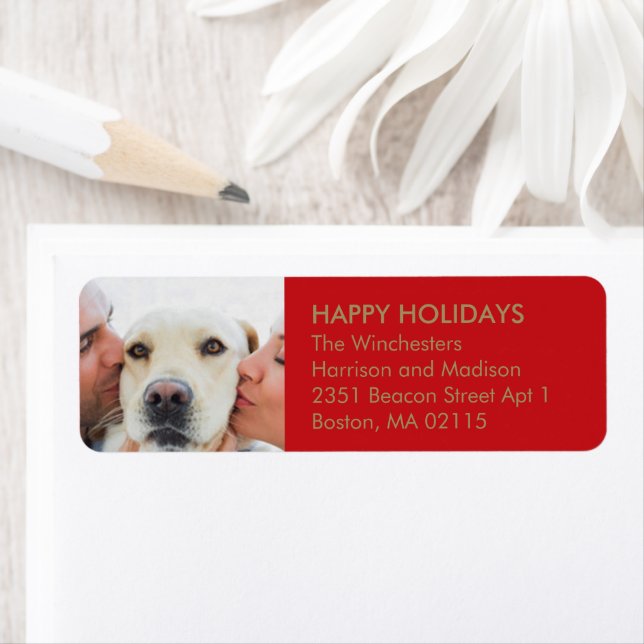 Anpassningsbar för julfamiljens foto, modern röd g returadress etikett (Insitu)