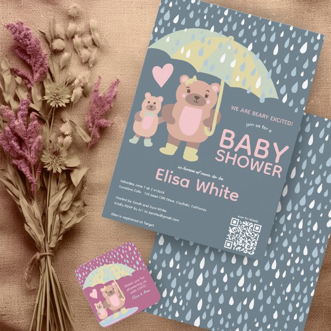 Anpassningsbar för Mamma- och Baby-björn QR CODE Inbjudningar (Raindrops Mama & Baby Bear QR CODE Custom baby Shower  Sprinkle Invitation)