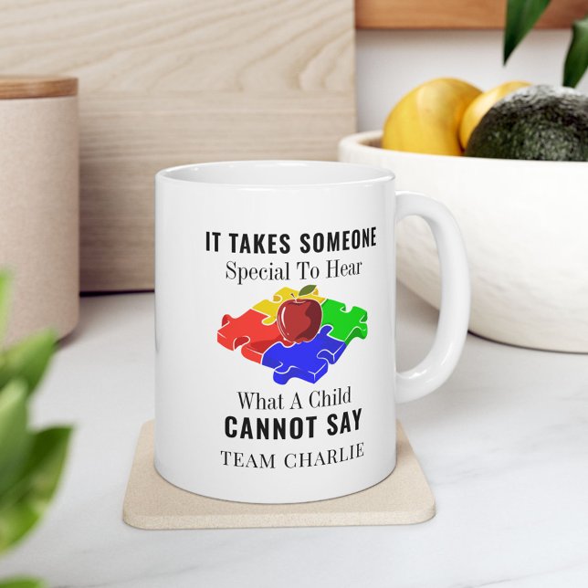 Anpassningsbar för medvetenhet om Speciella lärare Jumbo Mugg (Autism Awareness Someone Special Puzzle and Apple 11oz Coffee Mug)