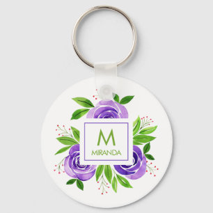 Anpassningsbar för Monogram och Namn Blommigt Nyckelring