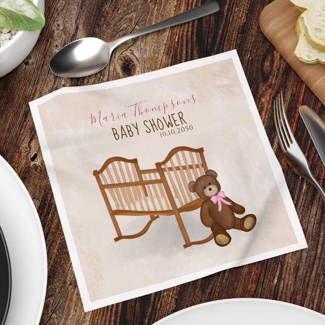 Anpassningsbar för Nallen Cute Flicka Shower Pappersservett (Baby shower pink teddy bear custom napkin. )