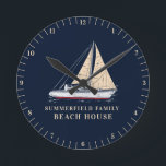 Anpassningsbar för Nautical Family Beach House Dec Rund Klocka<br><div class="desc">Familjebåtsdesign för nautisk tema med segelbåt och modern typografi som gör ett strandhus eller låtsas som kabindekor Kolla in andra matchande föremål som t.ex. försäkringar för resten av familjen - mamma, pappa, bror, syster och kusin. Båttillbehör, inklusive dörrmatta, dricksvattenprogram, kökshanddukar i vår butik eller använda, länken nedan. Anpassa den här...</div>