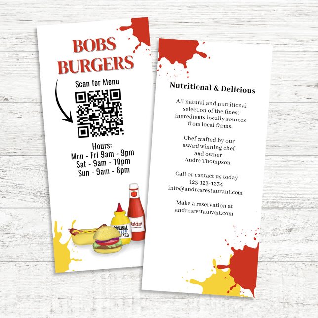 Anpassningsbar för QR-kod på återställningsmenyn Reklamkort (Restaurant hamburger hotdog menu card.)