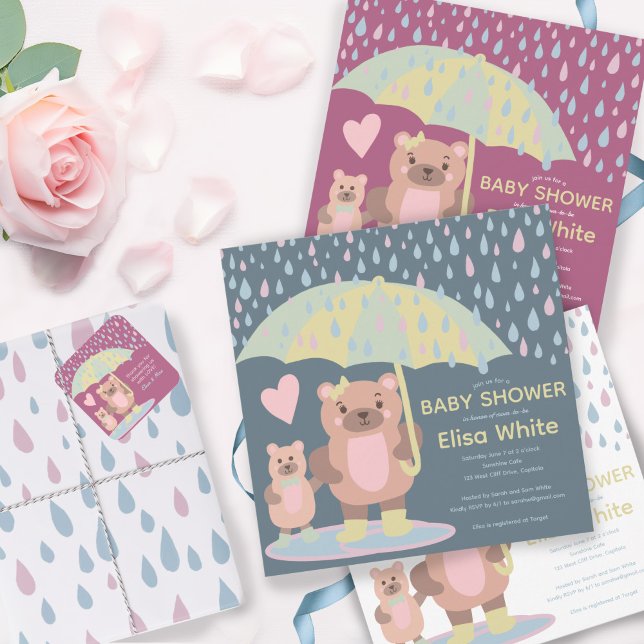 Anpassningsbar för regndroppar, uddles Mamma & Bab Inbjudningar (Raindrops Puddles Mama & Baby Bear Baby Shower Sprinkle Cute Square Custom Invitation
)