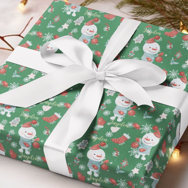 Anpassningsbar för Röd Grönt i Cute Tecknad-Snögub Presentpapper (Cute Cartoon Snowmen Red Green Custom Wrapping Paper
)
