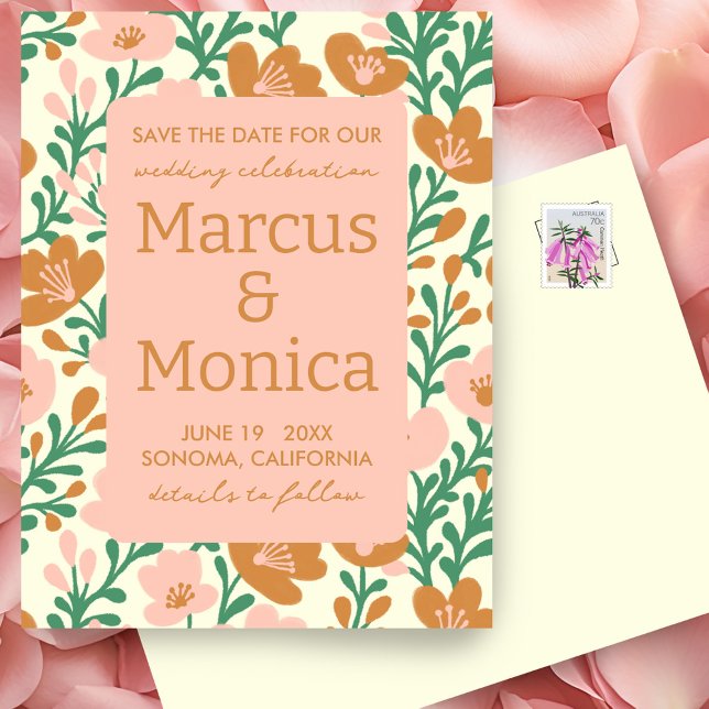 Anpassningsbar för Rosa av Grönt för Wildblomsterv Vykort (Wildflower Vines Pink Green Custom Save the Date Postcard
)