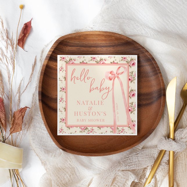 Anpassningsbar för  Rosa Bow Blommigt Baby Shower Pappersservett (Skapare uppladdad)