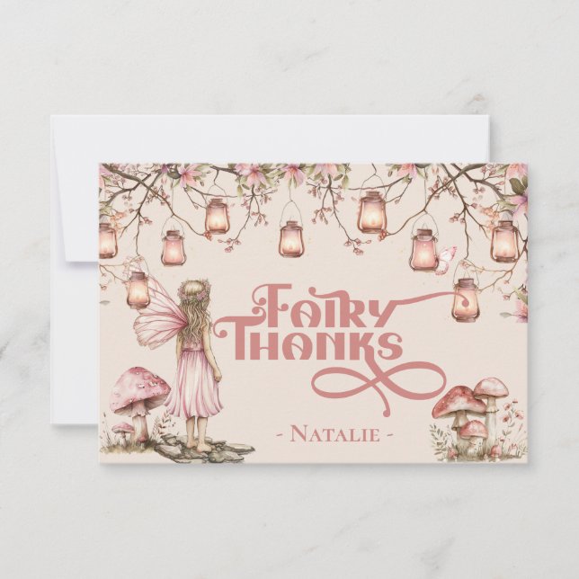 Anpassningsbar för  Rosa Fairy First Födelsedagsfe Tack Kort (Framsida)