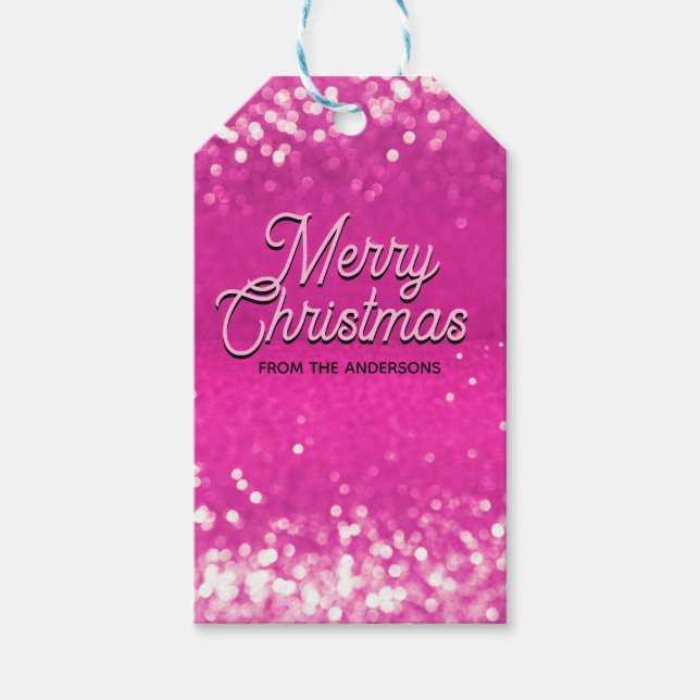 Anpassningsbar för shock rosa Glitter Bokeh Presentetikett (Framsidan)