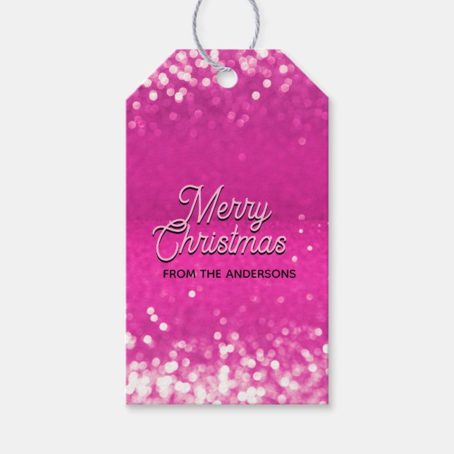 Anpassningsbar för shock rosa Glitter Bokeh Presentetikett (Framsidan)