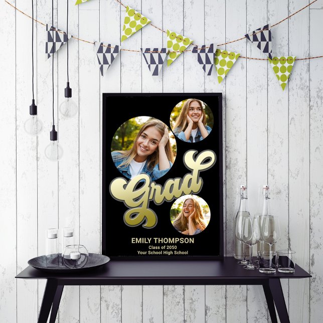 Anpassningsbar för signering av Guld Studentfest,  Poster (Graduation party photo poster with gold retro style calligraphy)
