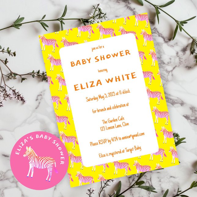 Anpassningsbar för spädbarn i  för färgade Zebröde Inbjudningar (Cute Colorful Zebras Custom Baby Shower Invitation
Yellow Pink)
