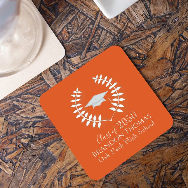 Anpassningsbar för Studentfest av klassisk Orange Underlägg Papper Kvadrat (Orange laurel leaf design graduation party paper coaster. )