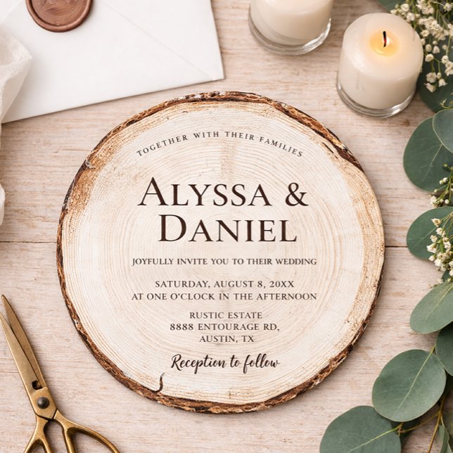 Anpassningsbar för träskklippt korn från Rustic Br Inbjudningar (Rustic Wedding, unique round woodland tree bark invitation.)