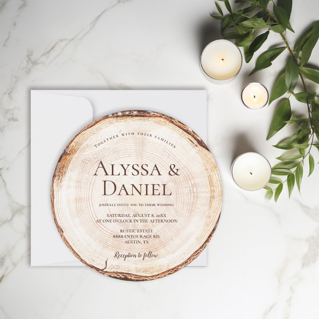 Anpassningsbar för träskklippt korn från Rustic Br Inbjudningar (Tree Bark round wedding invitation, unique and timeless design.)