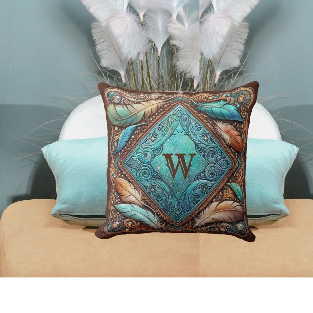 Anpassningsbar för utskrift av fjädrar i verktygsl kudde (Tooled Leather Print Feathers Custom Initial Throw Pillow)