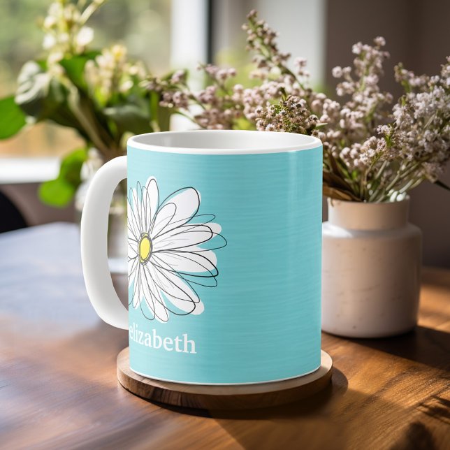 Anpassningsbar för vit och Gult  för vit Daisy Kaffemugg (Mug template with a place for a name - whimsical daisy)