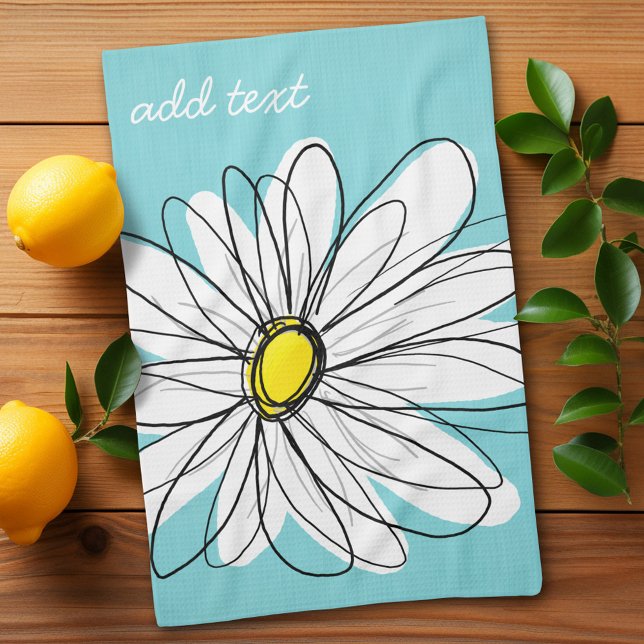 Anpassningsbar för vit och Gult  för vit Daisy Kökshandduk (Whimsical Daisy Kitchen Towel with a place to personalize - makes a great gift)