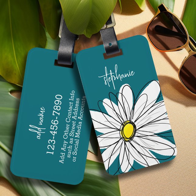 Anpassningsbar för vit och Gult, vit Daisy Bagagebricka (Personalized Luggage Tag)