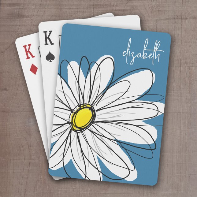 Anpassningsbar för vit och Gult, vit Daisy Casinokort (Whimsical Daisy Drawing with a place to add your name - personalized playing cards)