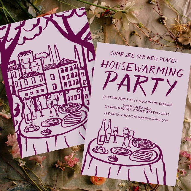 Anpassningsbar för Whimsique Balcony-området Hushå Inbjudningar (Whimsical Balcony Apartment Custom Housewarming Invitation Trendy Hand Drawn New Home Party
)