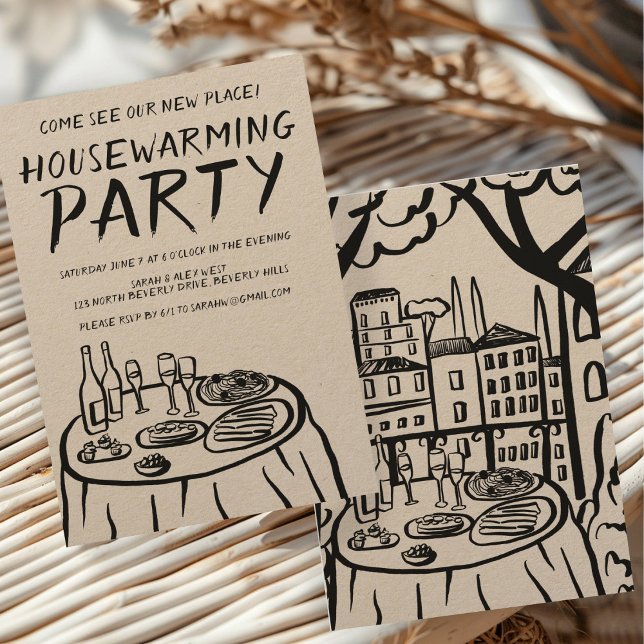 Anpassningsbar för Whimsique Balcony-området Hushå Inbjudningar (Whimsical Balcony Apartment Custom Housewarming Invitation Kraft Rustic Hand Drawn New Home Party
)