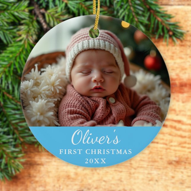 Anpassningsbar Första jul-fotoutblått Baby Julgransprydnad Keramik (Skapare uppladdad)