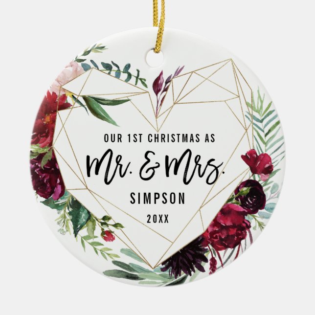 Anpassningsbar Första jul som Mr. och Mrs. | Blomm Julgransprydnad Keramik (Framsidan)