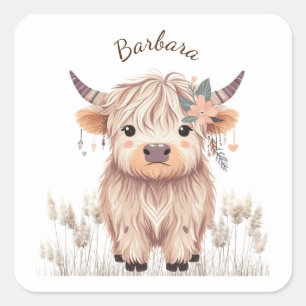 Anpassningsbar Första Namn Cute Modern Boho Highla Fyrkantigt Klistermärke