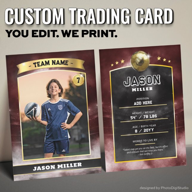 Anpassningsbar Fotboarkort Röd Guld Stadium (Custom Trading Card, Editable Soccer Trading Card, Modern Red Gold Stadium Design)