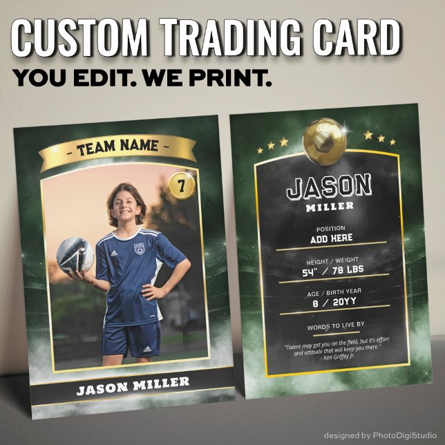 Anpassningsbar Fotbolls-handelskort Grönt Guld Sta (Custom Trading Card, Editable Soccer Trading Card, Modern Green Gold Stadium Design)