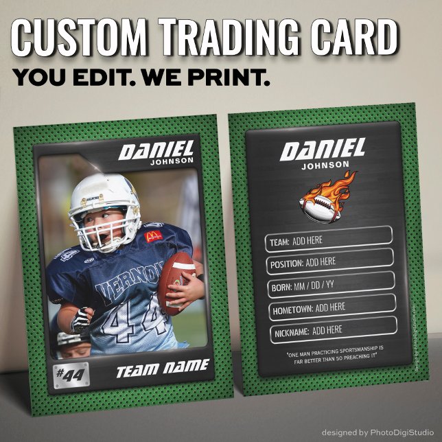 Anpassningsbar fotbollskort, spelprofilkort (Custom Football Trading Card, Green Graphite Player Card)